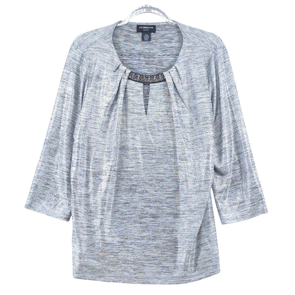 Liz Claiborne Top Size XXL Petite Rhinestone Keyhole 3/4 Sleeve Gray Career